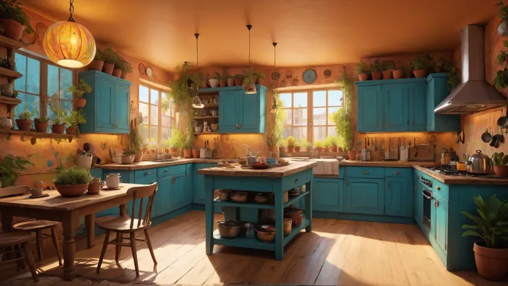 Cozy kitchen with hanging pots, Psychedelic, great lighting, ambient lighting, Dreamyvibes Artstyle, sharp focus, intricate, elegant, volumetric lighting, highly detailed, 8k, artgerm i and greg rutkowski and alphonse mucha <lora:Psychedelic:0.8> <lora:great_lighting:0.4> <lora:Dreamyvibes artstyle SDXL - Trigger with dreamyvibes artstyle:0.7> <lora:detailed_notrigger:0.8>