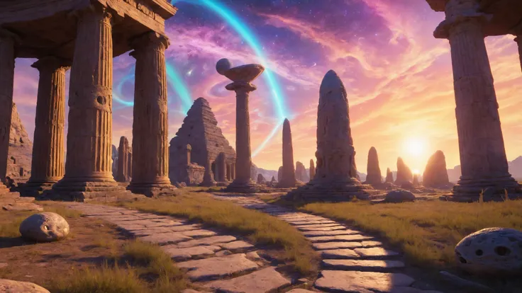 The ruins of an alien civilization, Pillars of light illuminating sacred alien temples in the background, <lora:add-detail-xl:0.4>, Chiaroscuro, <lora:Psychedelic:0.8> Psychedelic, <lora:pastel_colors_xl_v3:0.7>