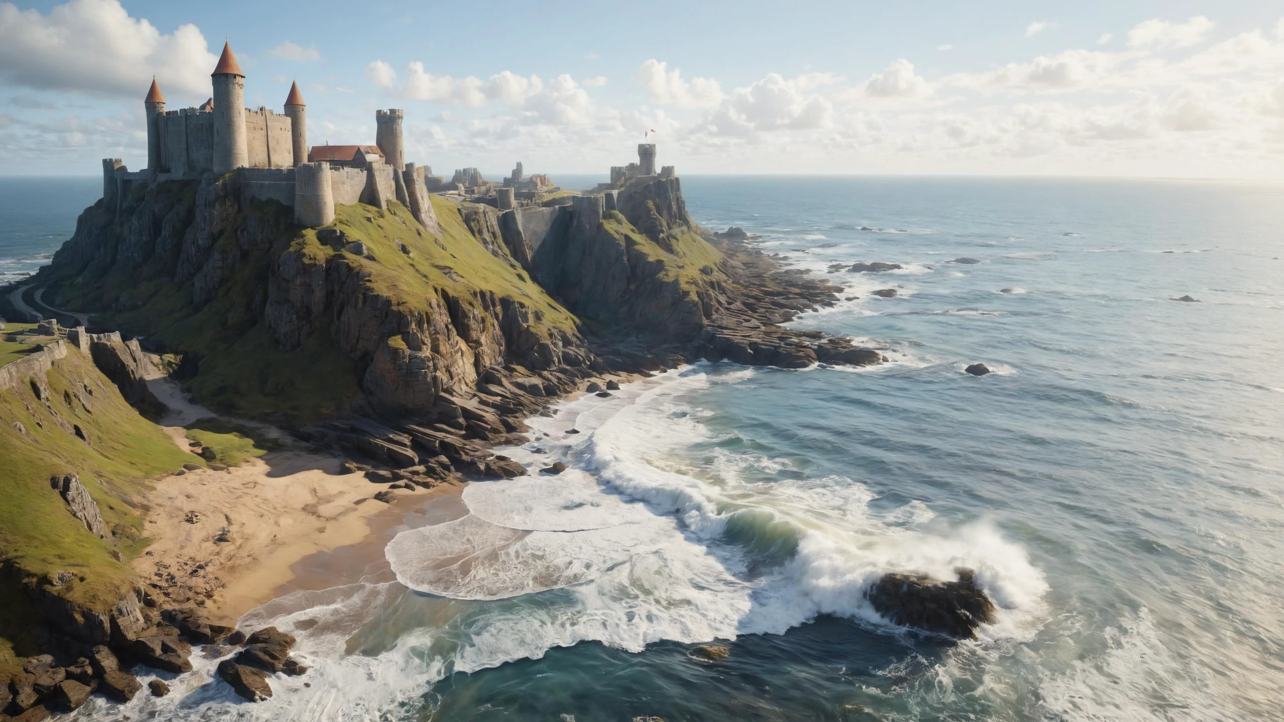 A medieval fortress perched atop rugged cliffs, overlooking the crashing waves below, <lora:sdxlaarg_aerial:0.8> archiaerialview, <lora:great_lighting:0.8> great lighting, <lora:Psychedelic:0.8> Psychedelic