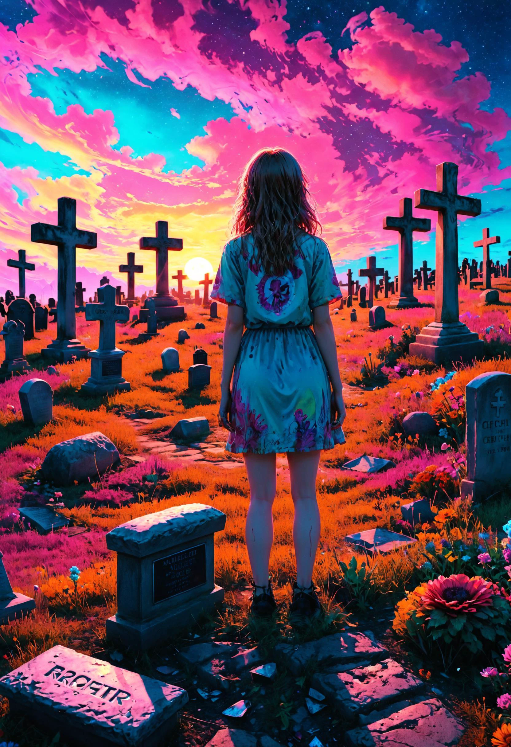 One night every woman came up out her grave, Or wherever she was put, murdered, some cleverly hidden place, <lora:xl_more_art-full_v1:0.4>, <lora:MJ52:0.4>, Neon Lighting, <lora:Psychedelic:0.8> Psychedelic, <lora:fracolor:0.7> fracolor