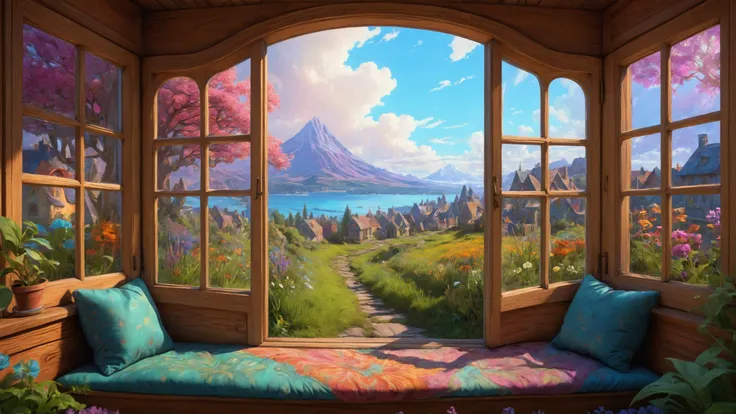 Cushioned window seat with garden view, Psychedelic,, Streetlights,, sharp focus, Highly Detailed, Cinematic Lighting, HD, illustration, Unreal Engine 5, 8K, art by artgerm and greg rutkowski and alphonse mucha <lora:Psychedelic:0.8> <lora:add-detail-xl:0.4> <lora:pastel_colors_xl_v3:0.7> <lora:detailed_notrigger:0.8>