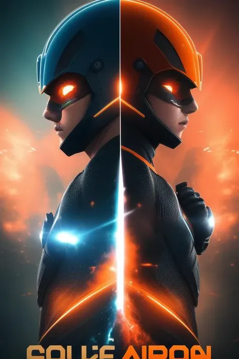 a beautiful poster of a very energetic superhero combat, blue versus orange, cinematic, ultra detailed, vignetting, depth of field, 8k, 10k