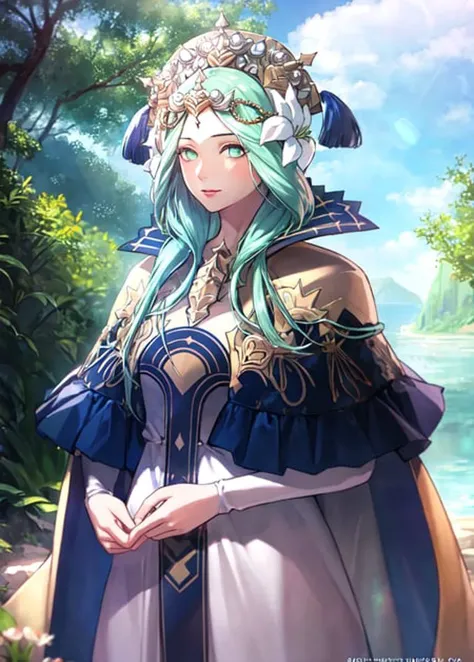 masterpiece, realistic, ultra high quality cg, 1girl, rhea, headdress, blue cape, dress, head flower, hair ornament, light green eyes, outdoors, cliff