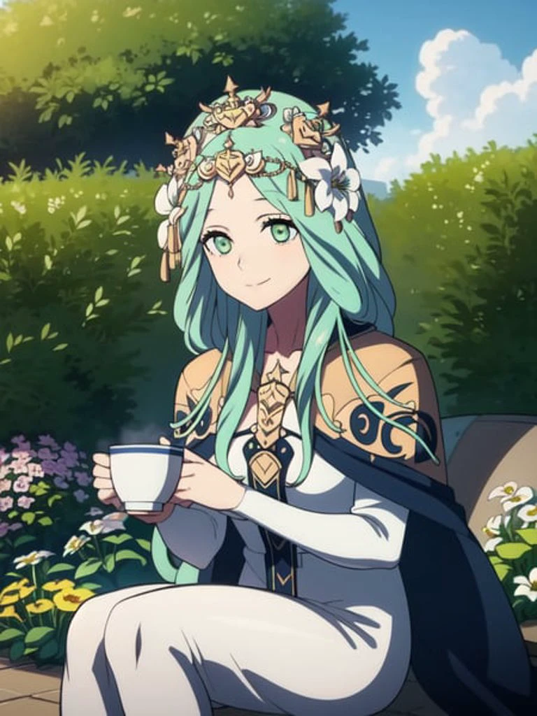 masterpiece, anime, ultra high quality cg, woman, rhea, headdress, blue cape, dress, head flower, hair ornament, light green eyes, outdoors, garden, sitting at a table, cup of tea, smile
