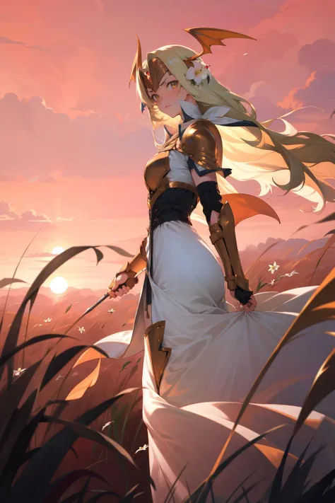 masterpiece, best quality, seiros, head wings, gold armor, forehead protector, yellow hair, hair flowers, gauntlets, white dress, standing, field, red sky, looking at viewer, walking, from side, furrowed brow, wide shot, sunset <lora:rhea-nvwls-v3-000009:0.9>