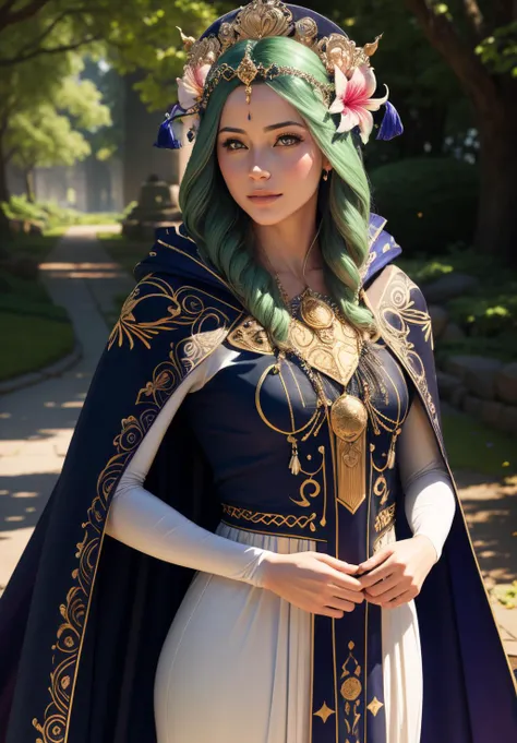 (realistic:1.1), (photorealistic:1.2), best quality, masterpiece, detailed background, detailed face, detailed skin texture, real shadows, realistic lighting, dramatic lighting, natural lighting,
BREAK
defRhea, headdress, hair flower, tiara, blue cape, long white dress <lora:rhea-nvwls-v3:0.7>