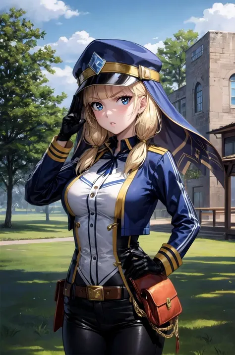 (masterpiece, best quality, detailed), 1girl, solo, looking at viewer, <lora:CecilyV1:0.8>, Cecily, blue eyes, blonde hair, long hair, bangs, blunt bangs, sidelocks, twintails, soldier, military, long sleeves, military uniform, combat helmet, helmet, ruins, outdoors, overgrown, (peace sign), hand up, double peace, hands up, cowboy shot, gloves, pants, belt, cloudy sky, tree, serious, parted lips
