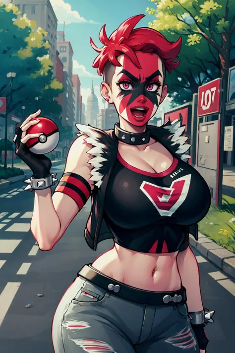 masterpiece, best quality, pkmntyg, facepaint, armband, collar, black vest, black crop top, torn clothes, fingerless gloves, spiked bracelet, portrait, large breasts, holding poke ball, furrowed brow, smile, open mouth, road, trees <lora:teamyellgrunt-nvwls-v1-000012:0.9>