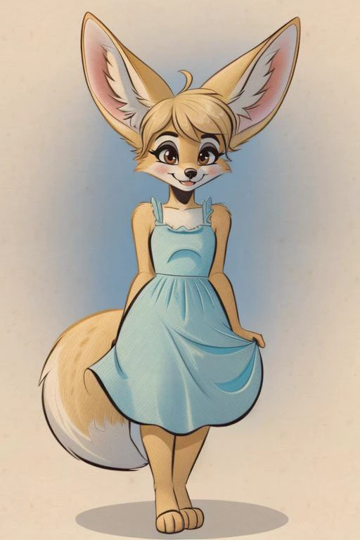 1girl, solo, fennec_girl, fox tail, petite, lithe, sundress, mary janes, nervous smile, <lora:ARTSTYLE_VintagePinup_jazy_ownwaifu:1>