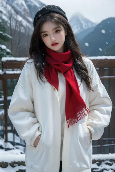 official art, vivid colours, glossy skin,looking at viewer, upper body, (hat:1.5), winter,(white fur coat:1.35), (hands in pocket:1.35),(black sweater inside:1.5)<lora:Model_20230730135309:0.3>,(snowing:1.5),(blurry background), (weaing red scarf:1.35),(mountainous :1.5), <lora:BJD_20230729141309:0.1> <lora:WLOP1:0.2> ,cold, photorealistic, fashion, <lora:AI_hanvy:0.5>