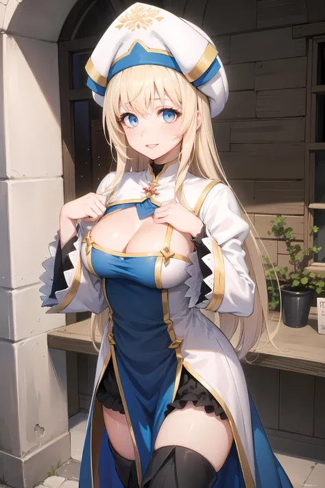 (masterpiece, best quality, glowing light, glistening, shiny skin, ultra detailed, detailed background, complex background),(perfect face, detailed face, detailed eyes,perfect hands,perfect fingers), (medium boobs:1.2,smile),(mature female:1.4),cowboy shot,thicc,cleavage,
priestess, long hair,((gradient hair)),multicolored eyes, gradient eyes, (glowing eyes:1.1), mascara, (fashion make up), parted lips,hat, long sleeves, dress, thighhighs, white headwear, thigh boots, wide sleeves, white thighhighs,hands beind ,
((Guild, guild room, quest board, window, road view, medieval)),((super detailed background)), dynamic poses, ((8k wallpaper)), <lora:priestess:1>