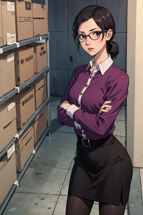 (masterpiece, best quality), miss pauling, glasses, purple shirt, pencil skirt, pantyhose, looking at viewer, bored, neutral expression, crossed arms, warehouse, <lora:misspauling-nvwls-v2:0.7>