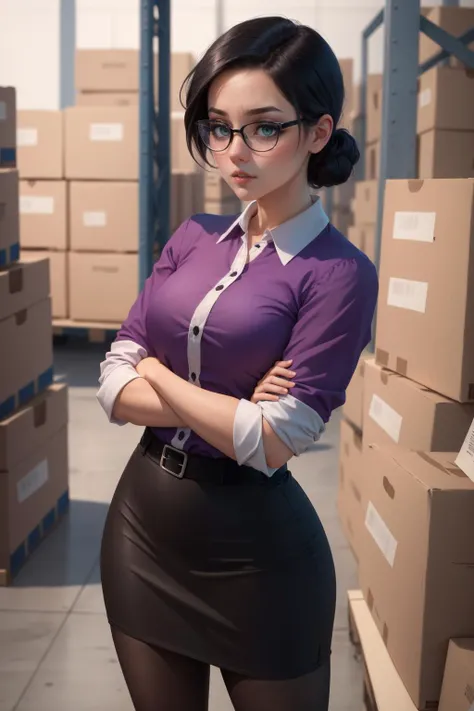 masterpiece, best quality, miss pauling, glasses, purple shirt, pencil skirt, pantyhose, looking at viewer, bored, neutral expression, crossed arms, warehouse <lora:misspauling-nvwls-v2-000010:0.9>