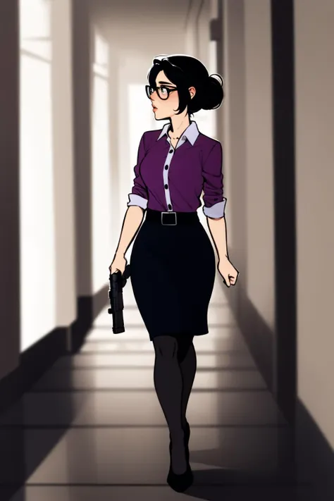 masterpiece, best quality, miss pauling, glasses, purple shirt, pencil skirt, pantyhose, high heels, walking, carrying a rifle with both hands, side view, hallway, dimly lit, chiaroscuro shading <lora:misspauling-nvwls-v2-000010:0.9>