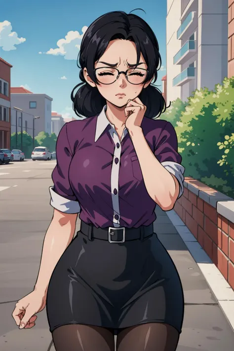 masterpiece, best quality, miss pauling, glasses, purple shirt, pencil skirt, pantyhose, cowboy shot, furrowed brow, closed eyes, frustrated, rubbing temple, parking lot, building <lora:misspauling-nvwls-v2-000010:0.9>
