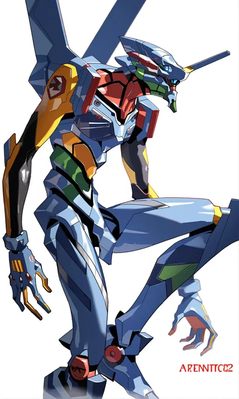 score_9, score_8_up, score_7_up, score_6_up,
<lora:jijia-pony-Tanger-000006:0.8>, jijia, 2d, anime, neon genesis evangelion, robot, no humans, mecha, white background, solo, science fiction, standing, looking ahead, blue eyes,a drawing of a futuristic robot standing on one leg,a photo of a robot in a strange outfit