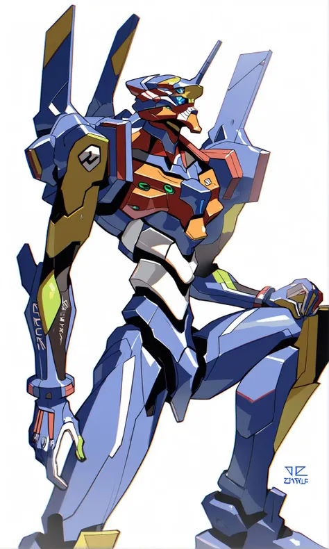 score_9, score_8_up, score_7_up, score_6_up,
<lora:jijia-pony-Tanger-000006:0.8>, jijia, 2d, anime, neon genesis evangelion, robot, no humans, mecha, white background, solo, science fiction, standing, looking ahead, blue eyes,a drawing of a futuristic robot standing on one leg,a photo of a robot in a strange outfit
