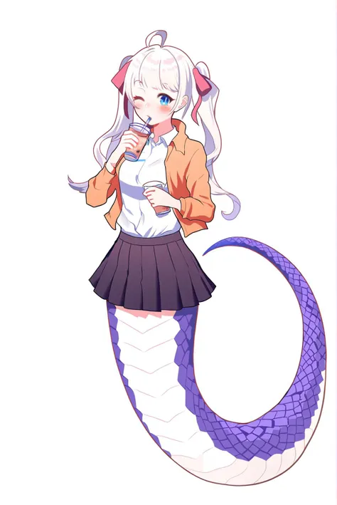 score_9, score_8_up, score_7_up, score_6_up,
<lora:jijia-pony-Tanger-000006:0.8>, jijia, 2d, anime, half-snake person, Snake tail, 1girl, solo, monster girl, lamia, drinking straw, skirt, one eye closed, drinking, blue eyes, white background, shirt, cup, pleated skirt, simple background, blush, holding cup, long hair, holding, ribbon, white shirt, hair ribbon, jacket, scales, drinking straw in mouth, black skirt, collared shirt, bangs, disposable cup, white hair, drink, pointing, full body, open clothes, looking at viewer, red ribbon, twintails, pink ribbon, ahoge, long sleeves, bubble tea,