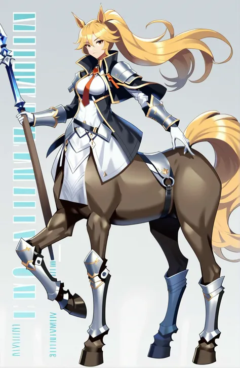 score_9, score_8_up, score_7_up, score_6_up,
<lora:jijia-pony-Tanger-000006:0.8>,jijia, 2d, anime, centaur, 1girl, solo, long hair, weapon, gloves, holding, armor, white gloves, holding weapon, taur, full body, polearm, ponytail, blonde hair, holding polearm, breasts, tail, horse ears, horse tail, standing, shoulder armor, animal ears, jacket, pants, very long hair, long sleeves, black jacket, helmet, grey background, faulds, closed mouth, white pants, shirt, english text, horse girl, pauldrons, armored boots, medium breasts, necktie, lance, greaves, breastplate, sidelocks, looking at viewer,a centaur dressed in armor holding a sword,a centaur with a sword on her back
