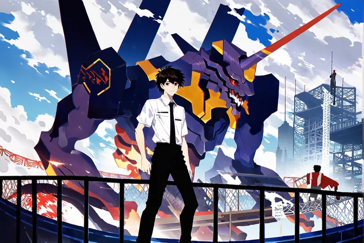 score_9, score_8_up, score_7_up, best quality, masterpiece,
<lora:jijia-pony-Tanger-000006:0.8>, jijia, 2d, anime, neon genesis evangelion, eva 01, ikari shinji, mecha, robot, 1boy, single horn, evangelion \(mecha\), horns, bridge, male focus, shirt, tokyo-3 uniform, white shirt, outdoors, science fiction, black hair, black pants, nagisa kaworu, red eyes, glowing, pants, railing, short hair, cloud, standing, fire,a man standing on a bridge looking at a giant robot,a man standing on a railing looking at a big picture of a monster