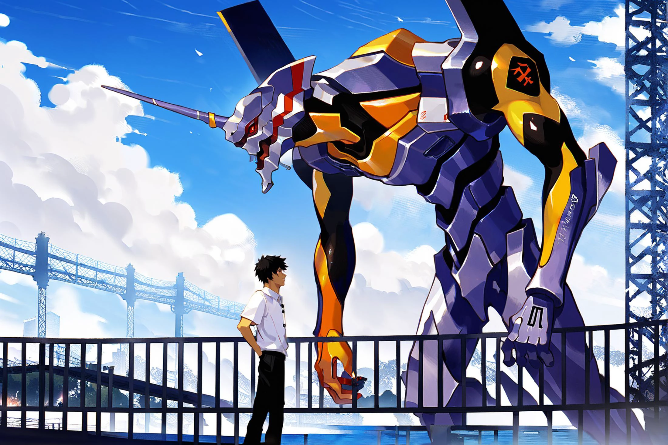 score_9, score_8_up, score_7_up, best quality, masterpiece,
<lora:jijia-pony-Tanger-000006:0.8>, jijia, 2d, anime, neon genesis evangelion, eva 01, ikari shinji, mecha, robot, 1boy, single horn, evangelion \(mecha\), horns, bridge, male focus, shirt, tokyo-3 uniform, white shirt, outdoors, science fiction, black hair, black pants, nagisa kaworu, red eyes, glowing, pants, railing, short hair, cloud, standing, fire,a man standing on a bridge looking at a giant robot,a man standing on a railing looking at a big picture of a monster