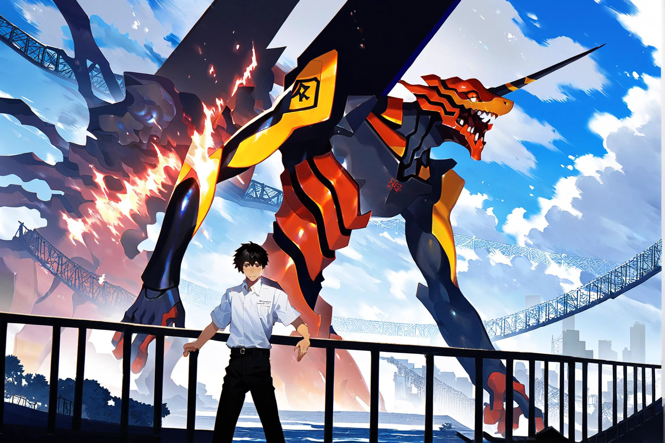 score_9, score_8_up, score_7_up, best quality, masterpiece,
<lora:jijia-pony-Tanger-000006:0.8>, jijia, 2d, anime, neon genesis evangelion, eva 01, ikari shinji, mecha, robot, 1boy, single horn, evangelion \(mecha\), horns, bridge, male focus, shirt, tokyo-3 uniform, white shirt, outdoors, science fiction, black hair, black pants, nagisa kaworu, red eyes, glowing, pants, railing, short hair, cloud, standing, fire,a man standing on a bridge looking at a giant robot,a man standing on a railing looking at a big picture of a monster