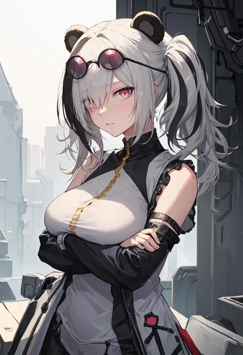 Long legs, long hair, gray hair, cyberpunk, depth of field, blurred background, thong, nudity, big breasts, cleavage, vaginal fissure, lace pajamas, sexy