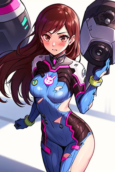 <lora:d.vaV2:0.6>,  Deeva \(overwatch 1 version\), d.va /(overwatch 1/), 1girl, long hair,  long hair, solo, brown hair, brown eyes, white and blue bodysuit, standing,  torn clothes