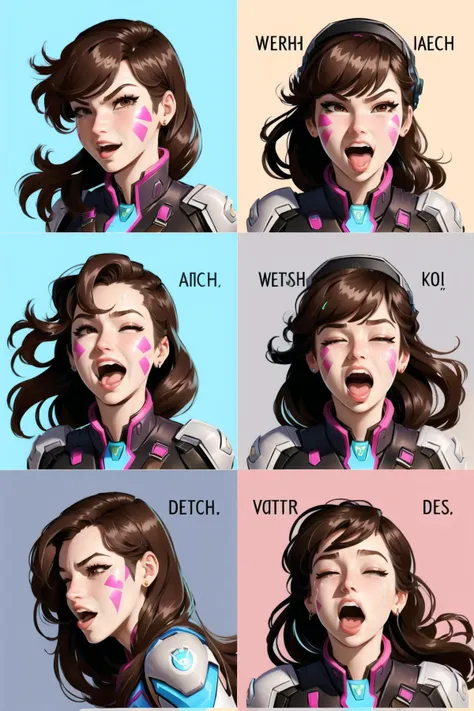 best quality, intricate details,
<lora:dVaOverwatch_v3:0.8> deeva \(overwatch 1 version\), d.va /(overwatch 1/),
<lora:expressionChartStyle_v1:0.8> expression chart, full body, angry, happy, crying, screaming, smile, frown, tongue out, teeth, open mouth, closed mouth, drool, saliva,