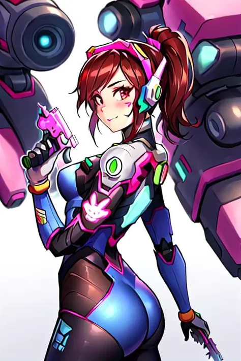 <lora:d.vaV2:0.6>, Deeva \(overwatch 1 version\), 1girl, d.va \(overwatch 1/), ponytail, ass, brown hair, weapon, gun, robot, whisker markings, mecha, bodysuit, solo, meka (overwatch), handgun, breasts