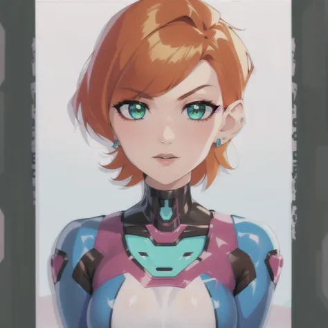 <lora:GwenV1:0.8>,Gwen, 1girl, solo,green eyes, short hair, orange hair, earrings, <lora:D.vaV3:0.5>,d.va \(overwatch\), outfit