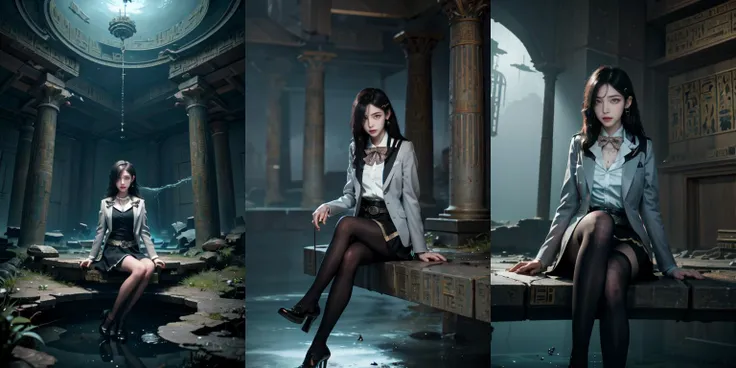 (otherworldly, otherworldly atmosphere, otherworldly appearance), highly insanely detailed, masterpiece, top quality, best quality, highres, 4k, 8k, RAW photo, 
((ancient egyptian theme:1.2)), Hong Kong structure, building, structure, taiwan, korean, 
swirling energy, 
tentacle, 
(underwater), 
reflection, reflective floor, 
abandoned building, overgrown with vegetation, [volumetric fog], cinematic lighting, colorful, colourful, 
(long_hair, long hair, random colors hair, glowing hair, hair over one eye, long messy hair), 
(eyelashes, eyeliner, eyeshadow, eyelashes, long eyelashes), 
collar, earrings, jewelry, necklace, armlet, 
high-heels, 
nsfw, 
cleavage, perfect female body, makeup, 
action pose, 
drunk, biting, 
dawn, 
caligulathorn, 1girl, solo, hair over one eye, black hair, long hair, red eyes, hairclip, earrings, black pantyhose, black skirt, white shirt, grey jacket, belt, bowtie, looking at viewer, (upper body), sitting, bedroom, <lora:ThornX2_2:0.65>, (fantasy world)