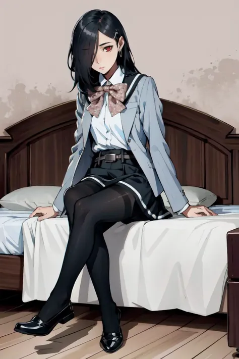 caligulathorn, 1girl, solo, hair over one eye, black hair, long hair, red eyes, hairclip, earrings, black pantyhose, black skirt, white shirt, grey jacket, belt, bowtie, looking at viewer, (upper body), sitting, bedroom  <lora:ThornX2_2:0.85>