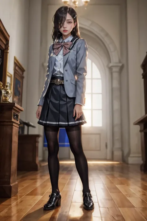 8K,highres,absurdres,masterpiece,best quality,original,extremely detailed CG,extremely detailed wallpaper,perfect lighting,<lyco:GoodHands-beta2:1>,1girl,blurry_background,looking_at_viewer,standing on the stage,
<lora:ThornX2_2:0.6>,caligulathorn,hair over one eye,black hair,long hair,red eyes,hairclip,earrings,black pantyhose,black skirt,white shirt,grey jacket,belt,bowtie,