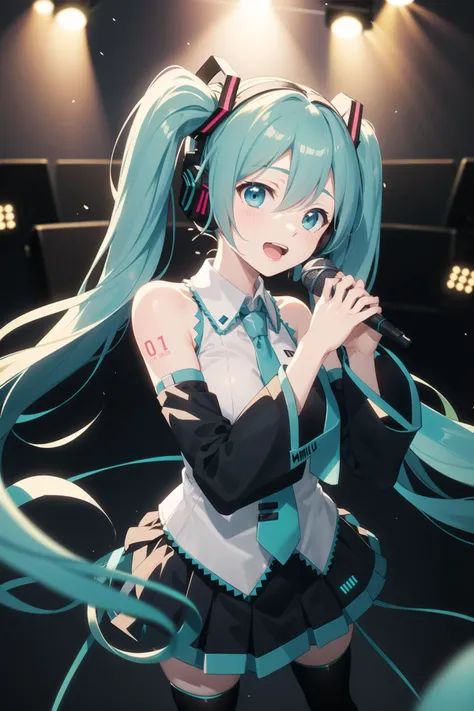 hatsune miku, twintails, singing, music, stage, skirt, white uniform, detached sleeves, long necktie, headset, microphone, black thighhighs, happy, outdoors, crowd, wide angle, standing, perspective