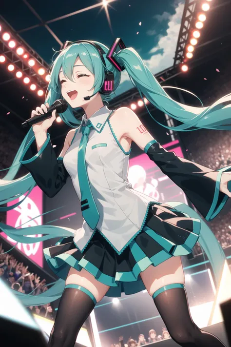 hatsune miku, twintails, singing, music, stage, skirt, white uniform, detached sleeves, long necktie, headset, microphone, black thighhighs, happy, outdoors, crowd, wide angle, standing, perspective