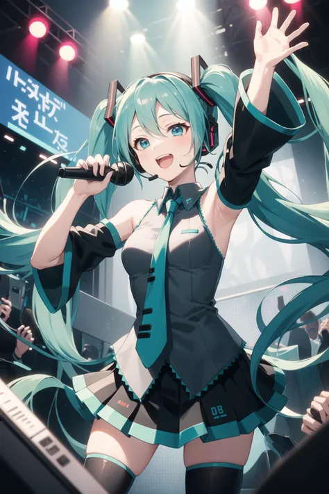 hatsune miku, twintails, singing, music, stage, skirt, white uniform, detached sleeves, long necktie, headset, microphone, black thighhighs, happy, outdoors, crowd, wide angle, standing