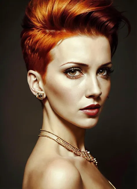 portrait of sks woman by Flora Borsi, style by Flora Borsi, bold, bright colours, orange Mohawk haircut, ((Flora Borsi)), <lora:locon_radha_v1_from_v1_64_32:1.3>