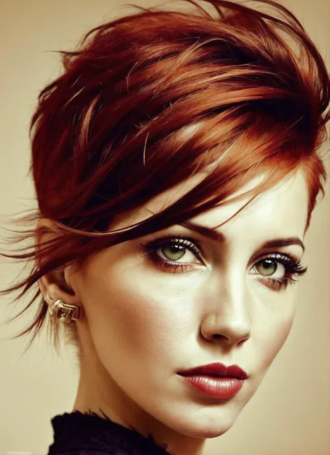 portrait of sks woman by Flora Borsi, style by Flora Borsi, bold, bright colours, orange Mohawk haircut, ((Flora Borsi)), <lora:locon_katiecassidy_v1_from_v1_64_32:1.3>