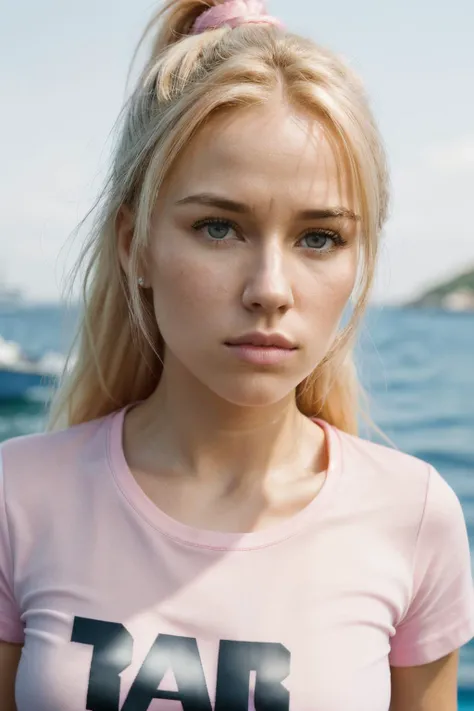 RAW, real photo portrait, madelle1, on a boat, (wearing a pink t-shirt), pretty face, insanely detailed eyes, light blonde hair, high ponytail, bokeh, natural light, depth of field, golden hour, sharp focus