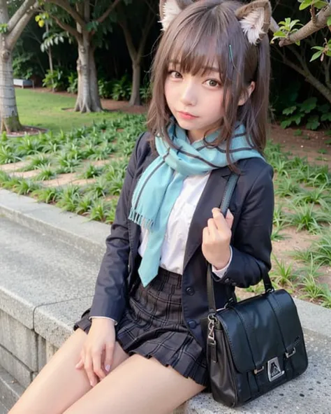 1girl, solo, shiroko (blue archive), animal ears, skirt, scarf, blue eyes, jacket, shirt, white socks, socks, plaid skirt, animal ear fluff, halo, white shirt, looking at viewer, open clothes, bag, hair ornament, shoes, blue scarf, necktie, outdoors, bangs, pleated skirt, open jacket, plaid, grey hair, school uniform, railing, long sleeves, cross hair ornament, shoulder bag, shirt tucked in, blue necktie, kneehighs, black skirt, hair between eyes, extra ears, mismatched pupils, blue jacket, school bag, black bag, blazer, sneakers, striped, closed mouth, pocket, cat ears, striped scarf, fringe trim, medium hair