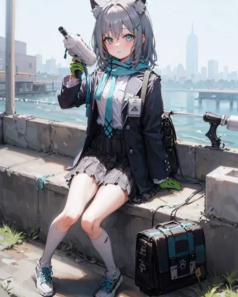 1girl, solo, shiroko (blue archive), animal ears, skirt, scarf, blue eyes, jacket, shirt, white socks, socks, plaid skirt, animal ear fluff, halo, white shirt, looking at viewer, open clothes, bag, hair ornament, shoes, blue scarf, necktie, outdoors, bangs, pleated skirt, open jacket, plaid, grey hair, school uniform, railing, long sleeves, cross hair ornament, shoulder bag, shirt tucked in, blue necktie, kneehighs, black skirt, hair between eyes, extra ears, mismatched pupils, blue jacket, school bag, black bag, blazer, sneakers, striped, closed mouth, pocket, cat ears, striped scarf, fringe trim, medium hair,(((grey hair))),(((blue eyes)))