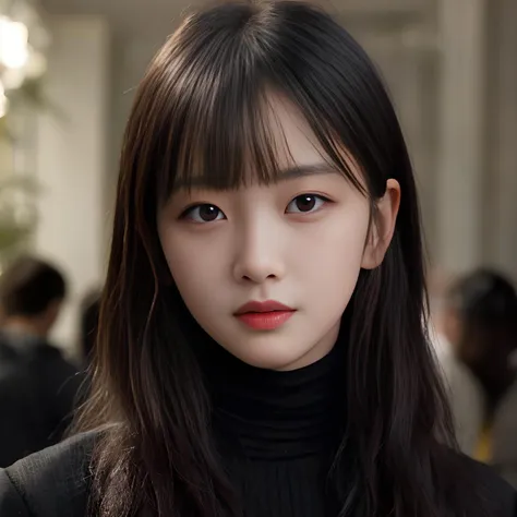 A woman with long hair and a black turtle neck top - SeaArt AI