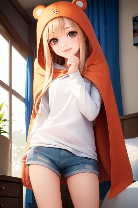 (masterpiece, best quality:1.2), <lyco:himoutoumaru-chan_doma-10:1.0>, cowboy shot, solo, 1girl, doma umaru, smile, looking at viewer, holding game controller, hood, white shirt, shorts, bedroom