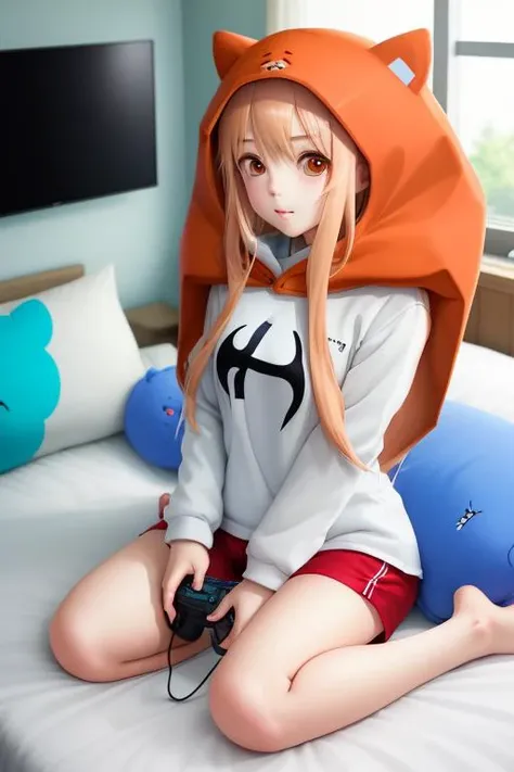 ['full body  woman':'himoutoumaru-chan_doma':7],[13, perfect  anime eyes [and] mouth],[10, 'holding game controller, hood, white shirt, shorts,'], ((bedroom)), sit , [7,'perfect anime hands [and] legs [and] fingers'] <lora:himoutoumaru-chan_doma-10:1>