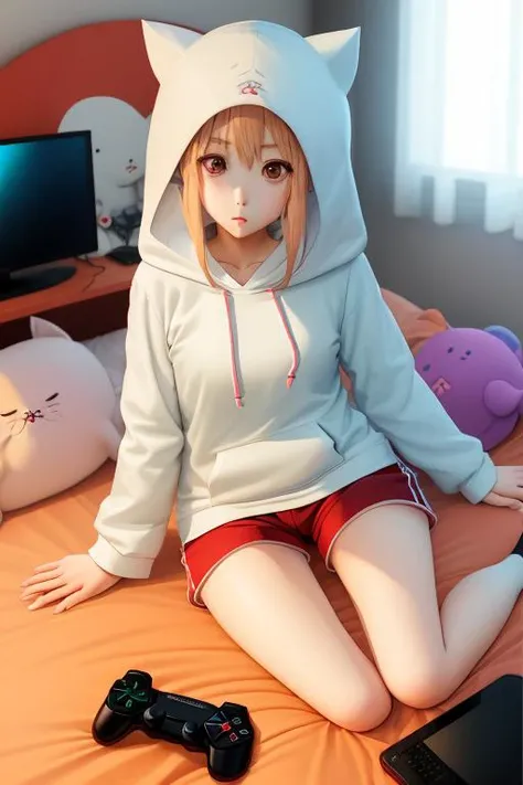 ['full body  woman':'himoutoumaru-chan_doma':7],[13, perfect  anime eyes [and] mouth],[10, 'holding game controller, hood, white shirt, shorts,'], ((bedroom)), sit , [7,'perfect anime hands [and] legs [and] fingers'] <lora:himoutoumaru-chan_doma-10:1>