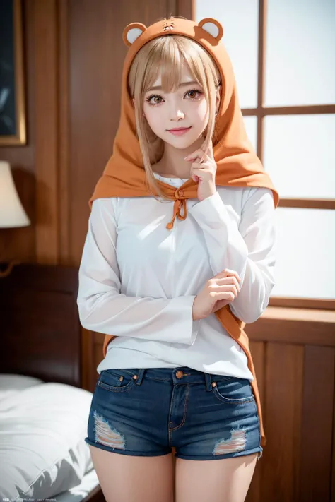 <lora:himoutoumaru-chan_doma:1>, (doma umaru), komaru \(himouto! umaru-chan\) \(cosplay\), doma umaru \(cosplay\), ulzzang-6500-v1.1, pureerosface_v1, best quality, masterpiece, illustration, (realistic, photo-realistic:1.37), amazing, finely detail, incredibly absurdres, huge filesize, ultra-detailed, highres, extremely detailed CG unity 8k wallpaper, beautiful detailed girl, extremely detailed eyes and face, beautiful detailed eyes, ray tracing, nsfw, 1girl, cowboy shot, solo, smile, looking at viewer, hood, white shirt, shorts, bedroom,