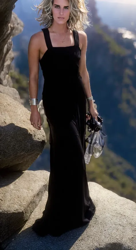 sara dallin (sharp focus:1.2), photo, attractive young woman, (beautiful face:1.1), detailed eyes, luscious lips, (smokey eye makeup:0.85), (athletic body:1.2), (wavy hair:1.2), wearing (maxi dress:1.2) on a (cliffside:1.2). (moody lighting:1.2), depth of field, bokeh, 4K, HDR. by (James C. Christensen:1.2|Jeremy Lipking:1.1).