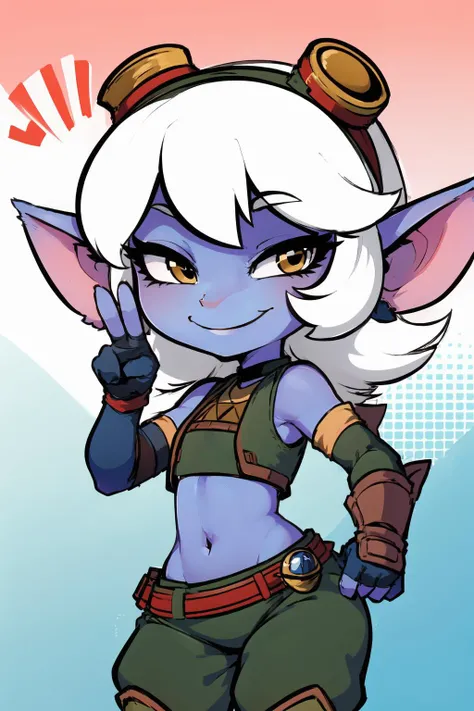 Tristana \(League of Legends\), League of Legends, safety glasses, safety glasses en la cabeza, gloves, belly button, fingerless gloves, elbow gloves, belt, green pants, short arm sleeves, fingerless leggings, (blue skin:1.2) three fingers, a thumb. She is making the peace sign., wide hips, Fondo dice Zarggun
Abstract pop art style with halftone pattern background. Incomplete hard lines and heavy brush strokes. Meticulously drawn with vigorous details. 
 ink, Sumi-e, portrait, smiling, beautiful face