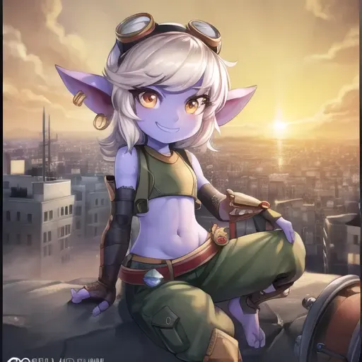 ((sharp details)), hi res, (8k), (absurd res), sharp focus, elegant, highly detailed, illustration, intricate, beautiful, trending on artstation, pixiv, digital art, in focus, 4k, (masterpiece, best quality:1.4), digital detailed realistic painting, (extreme detail), perfect digital art, ultra hd image, photorealistic, ultra unreal engine 5 render, ultra realistic, hdr, octane render, ray tracing, trending on pixiv, hi resolution, uhd, ultra high resolution image, top rated on artstation, top rated on pixiv, trending on CGSociety, photograph, (best illustration), (best shadow), UHD, professional, (extremely detailed CG unity 8k wallpaper:1.2), splash art, extremely detailed background, cinematic lighting, CG, wallpaper, high quality, high-definition, HD, highly detailed, anime movie background, official art, cinematic location design, a awe-inspiring digital oil painting, (safe), female, ((extremely detailed perfectly drawn city:1.4)), at sunset, outside, scan, (highres:1.2), (best quality:1.2), (ultra-detailed:1.2), (illustration:0.4), solo, solo female, (perfect clothes), (extremely highly detailed perfectly drawn clothes:1.2), toeless legwear, Tristana \(league of legends\), league of legends, goggles, goggles on head, gloves, navel, jewelry, earrings, fingerless gloves, elbow gloves, belt, green pants, crop top arm sleeves, grenade belt, (solo), (1 girl), (solo female), looking at viewer, (blue skin:1.2), <lora:TristanaFinal:0.7>, smug smile,